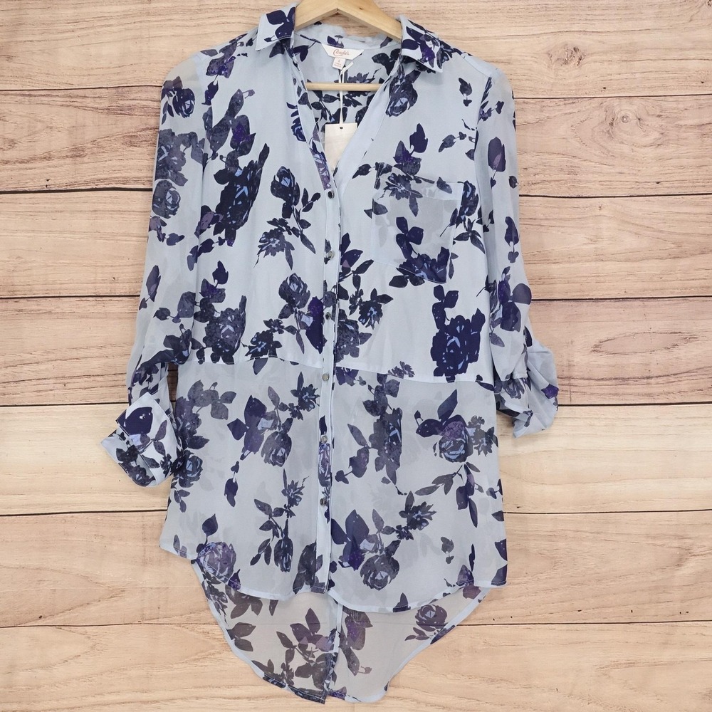 Candie's Blouse Womens S Blue Floral Sheer Button Front Petal Back Top